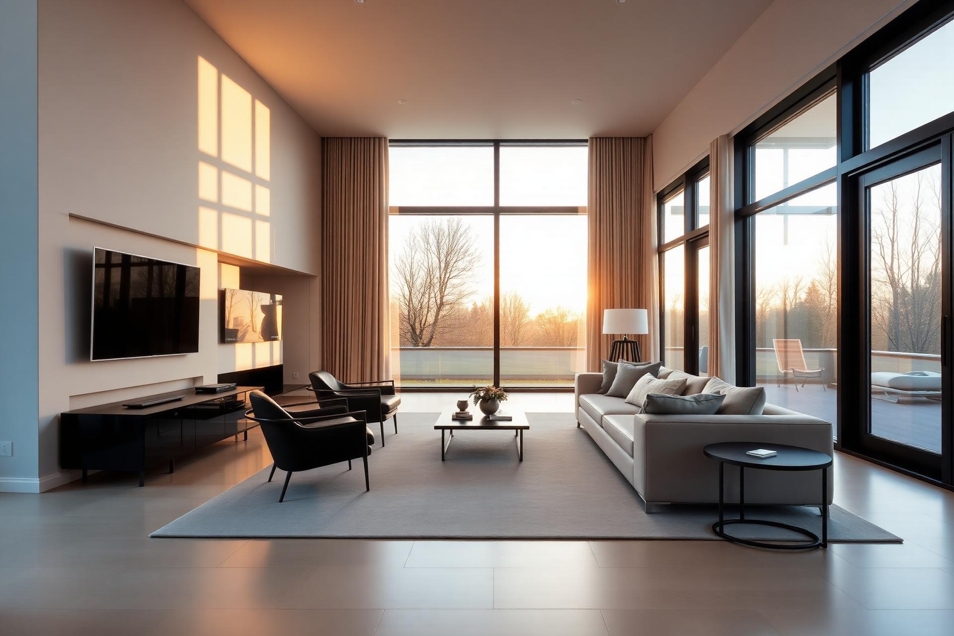 Modernes helles Wohnzimmer mit großen Fenstern